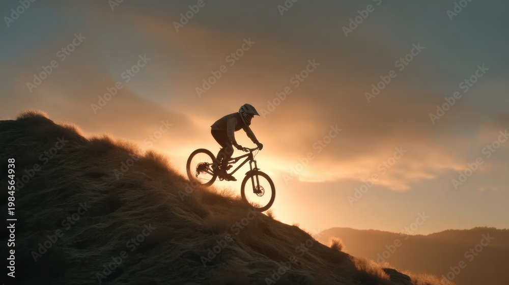 Fototapeta premium Mountain Biker Riding Down a Hill Against a Stunning Sunset Background with Vibrant Colors