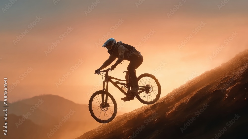 Obraz premium Biker Riding Down a Mountain Trail at Sunset with Dramatic Lighting in the Background