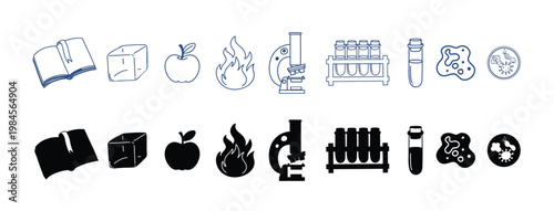 Laboratory equipment sketch seamless icons. Science chemistry. Microscope, Glass flasks and test tubes. Chemical experiments. Formulas, elements and atoms Doodle. Outline and fill objects. 
