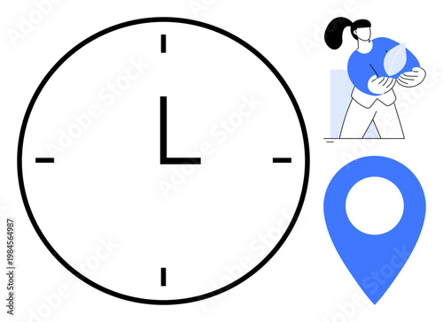 Time management, sustainability, navigation, environmental responsibility, ecological awareness, location services. Clock icon, woman with a leaf blue location pin. Time and sustainability concepts