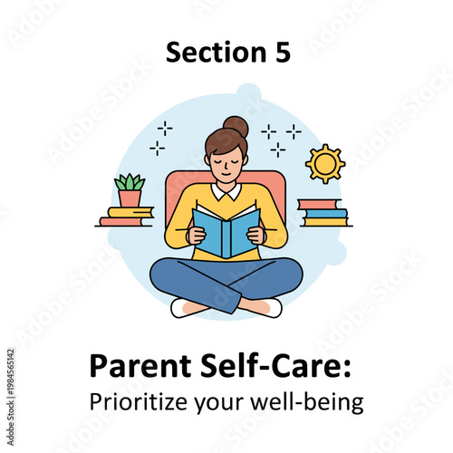 Illustration of a woman practicing self-care by reading a book, symbolizing prioritizing well-being and mental health.