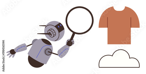 Artificial intelligence, object recognition, data processing, technology innovation, cloud storage, futuristic concepts. A robot inspects a shirt and a cloud with a magnifying glass. Artificial