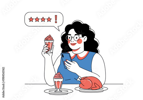 Young woman leaves a bad four-star review for a meal of whole chicken and ice cream via smartphone. Vector illustration, customer feedback concept.