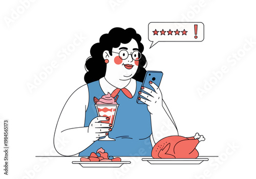 Young woman leaves a bad four-star review for a meal of whole chicken and ice cream via smartphone. Vector illustration, customer feedback concept.