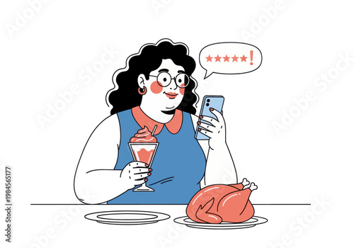 Young woman leaves a bad four-star review for a meal of whole chicken and ice cream via smartphone. Vector illustration, customer feedback concept.