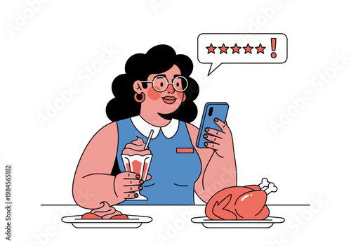 Young woman leaves a bad four-star review for a meal of whole chicken and ice cream via smartphone. Vector illustration, customer feedback concept.