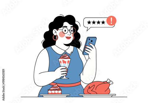 Young woman leaves a bad four-star review for a meal of whole chicken and ice cream via smartphone. Vector illustration, customer feedback concept.