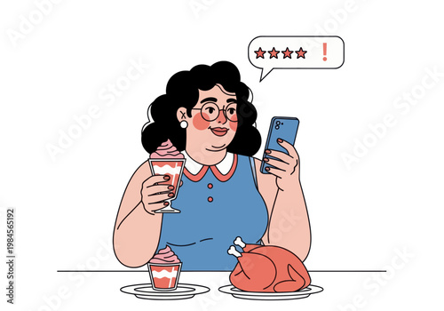Young woman leaves a bad four-star review for a meal of whole chicken and ice cream via smartphone. Vector illustration, customer feedback concept.
