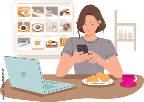 Young woman using smartphone and laptop while eating breakfast, food blogger managing social media content vector illustration