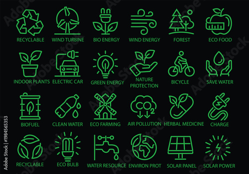 Ecology line icon set. Recycle, solar power, eco, nature, eco farming, green, environment, bio energy, clear water - stock vector.