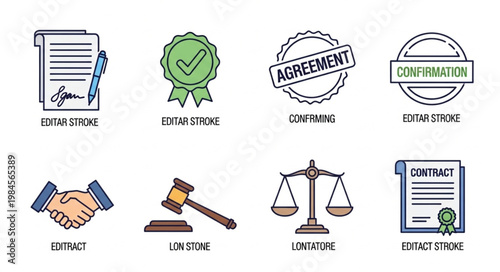 Legal And Business Icons Representing Contracts And Agreements.