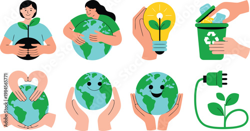 Collection of cartoon illustrations symbolizing environmental protection, Earth care, and sustainable practices for a greener future