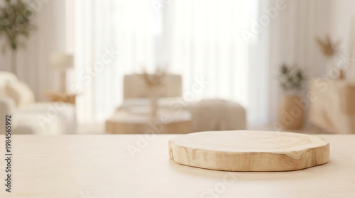 Wooden slice podium on table for product display mockup with blurred modern living room interior background.