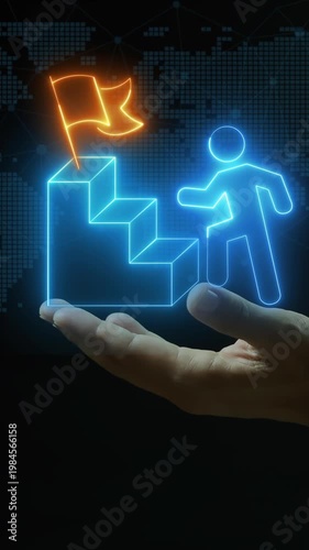 Business concept of victory, success, goal achiever, win, best worker, top employee and leadership. Businessman showing glowing neon line of man going up stairs to the flag icon.