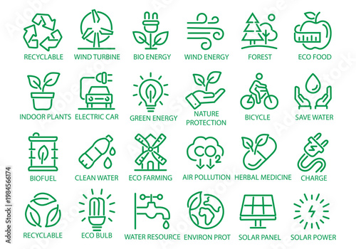 Ecology line icon set. Recycle, solar power, eco, nature, eco farming, green, environment, bio energy, clear water - stock vector.