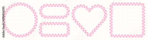 Pink gingham vector frames, pastel color romantic heart, circle and square checkerboard borders for labels and package design
