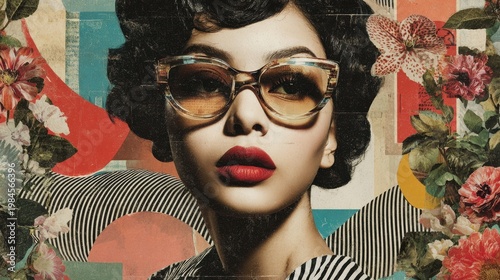 Woman face wearing sunglasses surrounded by floral retro collage art