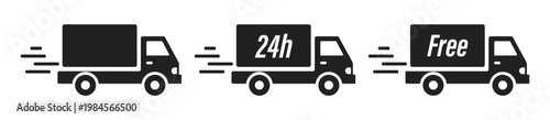 Fast Delivery Truck Icons Set With 24h And Free Shipping Service Symbols