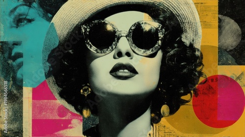 Woman sunglasses hat portrait retro pop art urban collage design