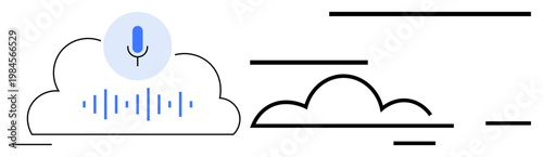 Voice assistance, cloud computing, data storage, digital communication, sound recording, technology. Microphone inside a cloud with sound waves and minimalistic design. Voice assistance and cloud