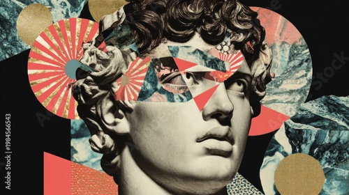 Statue head art collage with geometric shapes and abstract design