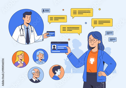 Flat vector illustration of various people including a doctor and woman, holding ID cards with speech bubbles, representing online identity verification or profile creation concept.