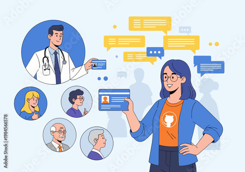 Flat vector illustration of various people including a doctor and woman, holding ID cards with speech bubbles, representing online identity verification or profile creation concept.