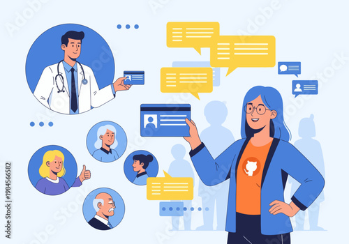 Flat vector illustration of various people including a doctor and woman, holding ID cards with speech bubbles, representing online identity verification or profile creation concept.
