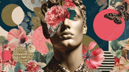 Sculpture face surrounded floral collage abstract artistic composition