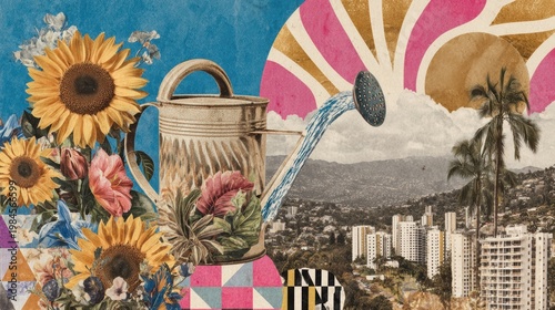 Sunflower watering can floral design collage urban cityscape retro