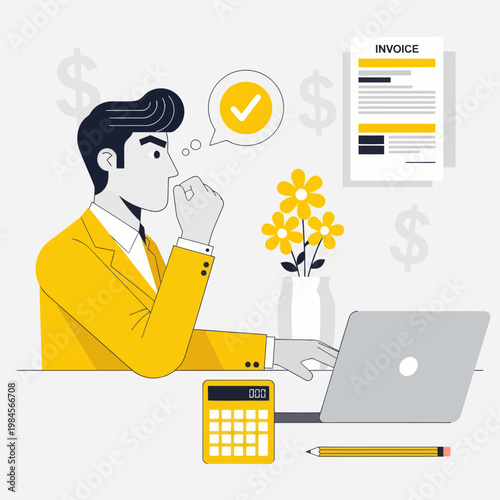 Flat vector illustration of a happy businessman or accountant processing an invoice on a laptop. Features calculator, dollar coins, and a checkmark, perfect for finance, billing, and accounting.