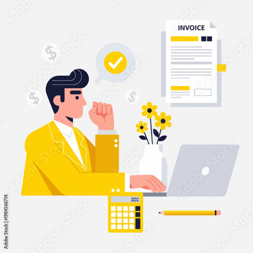 Flat vector illustration of a happy businessman or accountant processing an invoice on a laptop. Features calculator, dollar coins, and a checkmark, perfect for finance, billing, and accounting.