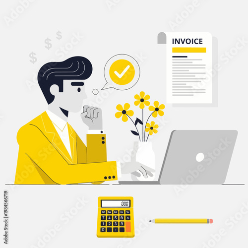 Flat vector illustration of a happy businessman or accountant processing an invoice on a laptop. Features calculator, dollar coins, and a checkmark, perfect for finance, billing, and accounting.