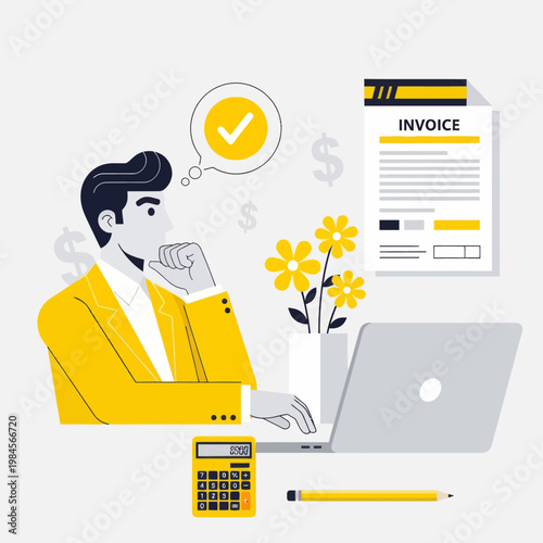 Flat vector illustration of a happy businessman or accountant processing an invoice on a laptop. Features calculator, dollar coins, and a checkmark, perfect for finance, billing, and accounting.