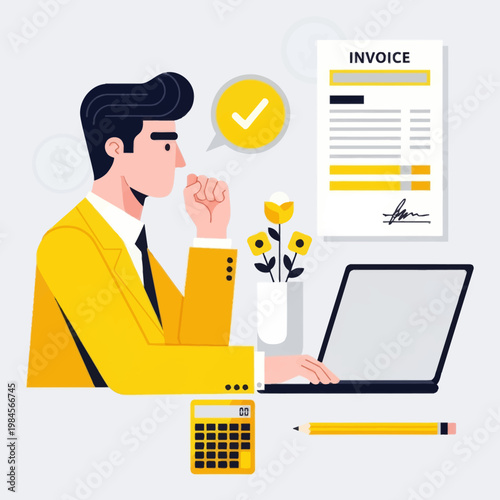 Flat vector illustration of a happy businessman or accountant processing an invoice on a laptop. Features calculator, dollar coins, and a checkmark, perfect for finance, billing, and accounting.