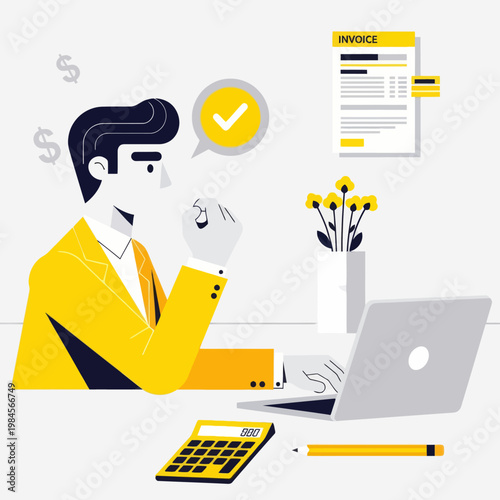 Flat vector illustration of a happy businessman or accountant processing an invoice on a laptop. Features calculator, dollar coins, and a checkmark, perfect for finance, billing, and accounting.
