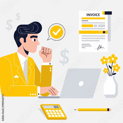 Flat vector illustration of a happy businessman or accountant processing an invoice on a laptop. Features calculator, dollar coins, and a checkmark, perfect for finance, billing, and accounting.