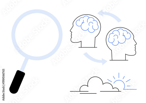 Creativity, mental health, idea exchange, personal growth, introspection, cognitive thinking. Two interconnected brain outlines and sunrise over clouds with a magnifying glass. Creativity and mental