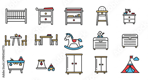 Collection of baby nursery furniture and toys icons.
