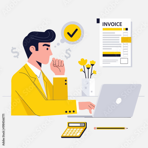 Flat vector illustration of a happy businessman or accountant processing an invoice on a laptop. Features calculator, dollar coins, and a checkmark, perfect for finance, billing, and accounting.