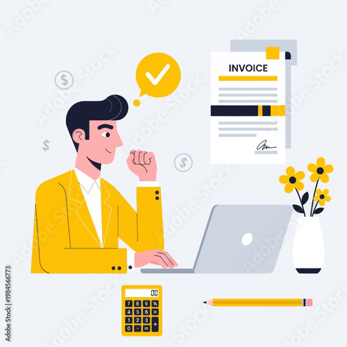Flat vector illustration of a happy businessman or accountant processing an invoice on a laptop. Features calculator, dollar coins, and a checkmark, perfect for finance, billing, and accounting.