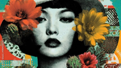 Woman face art with flowers and textured pattern collage composition