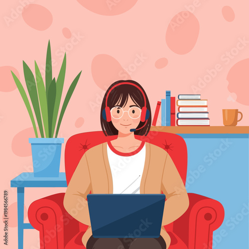 Young woman with headset and glasses working on laptop from home. Flat vector illustration for customer support, remote work, online education, and freelance lifestyle concept.