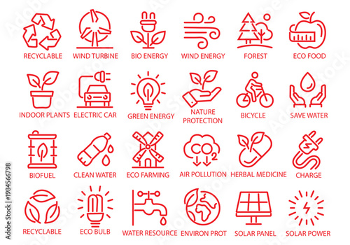 Ecology line icon set. Recycle, solar power, eco, nature, eco farming, green, environment, bio energy, clear water - stock vector.