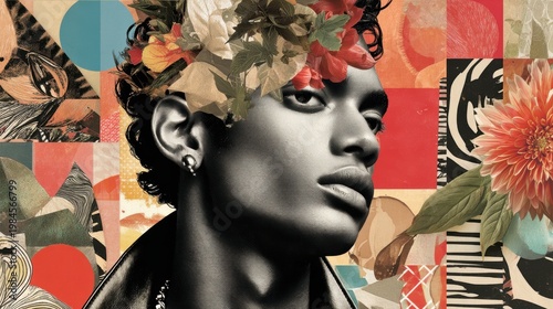 Person face portrait decorated with flower crown in colorful collage
