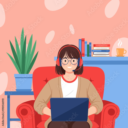 Young woman with headset and glasses working on laptop from home. Flat vector illustration for customer support, remote work, online education, and freelance lifestyle concept.