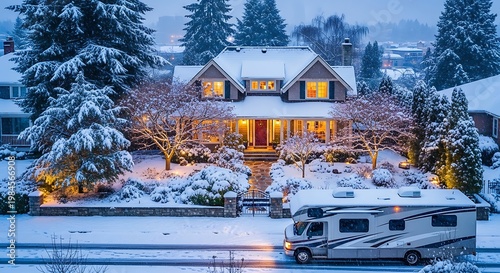 A snow-covered suburban house with lit windows and a red front door, next to a parked recreational vehicle on a snow-dusted street