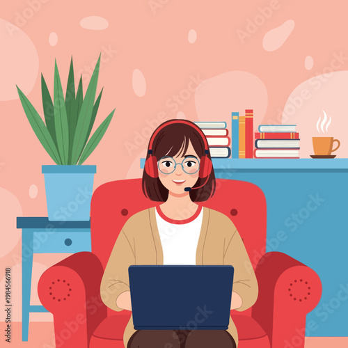 Young woman with headset and glasses working on laptop from home. Flat vector illustration for customer support, remote work, online education, and freelance lifestyle concept.