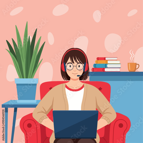Young woman with headset and glasses working on laptop from home. Flat vector illustration for customer support, remote work, online education, and freelance lifestyle concept.