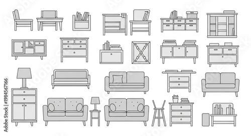 Collection of Furniture Line Drawings Vector Illustration.